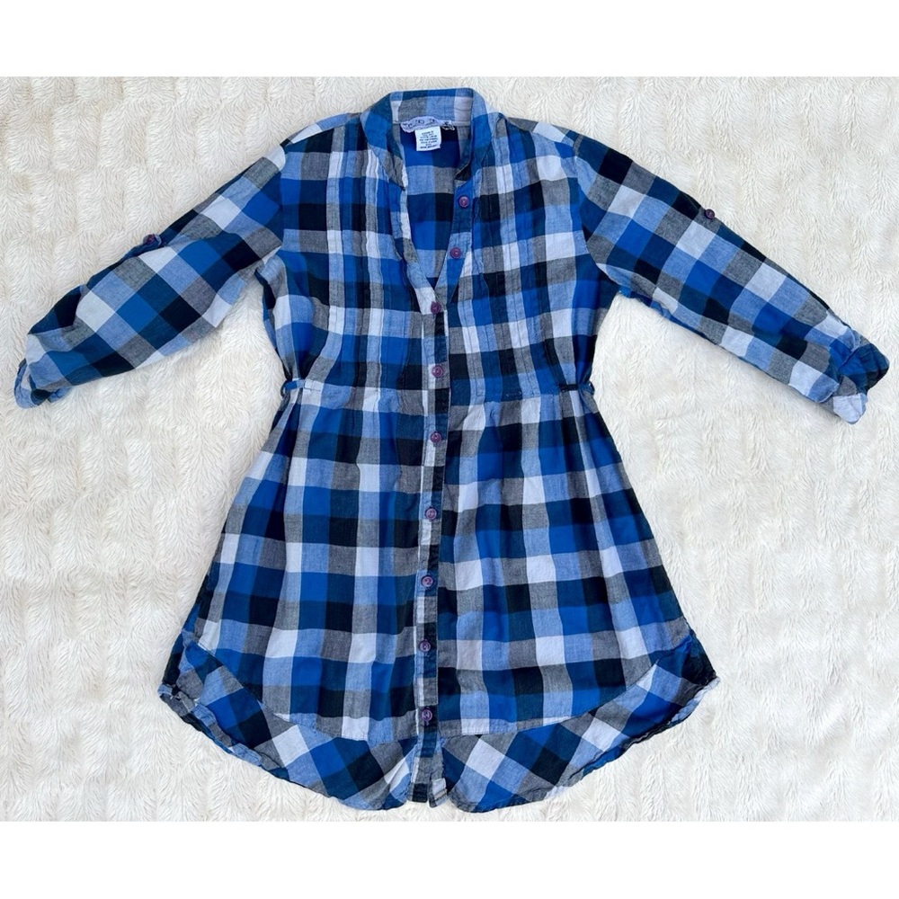 TBF Blue Plaid Button Down Quarter Length Sleeve Flannel Dress